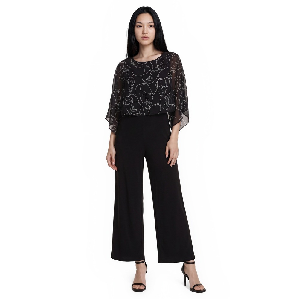 Joseph Ribkoff Jumpsuit Women's Size 12 Black White Faces Wide Leg Artsy Evening